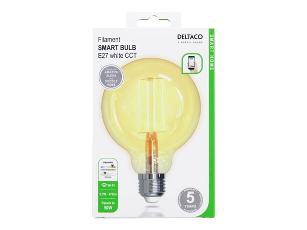 Deltaco SH-LFE27G95, Älylamppu, Läpinäkyvä, Wi-Fi, LED, 1800 K, 6500 K