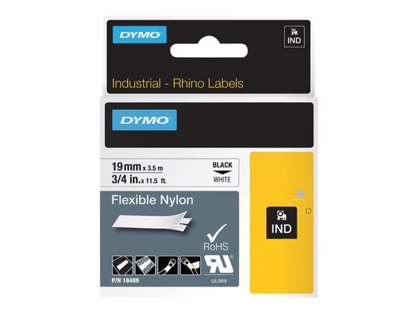 DYMO IND - Nailon - liimaava - musta valkoisella - Rulla (1,9 cm x 4 m) 1 kasetti taipuisa tarranauha - Rhino 4200, 4200 Kit, 5200, 5200 Hard Case ...