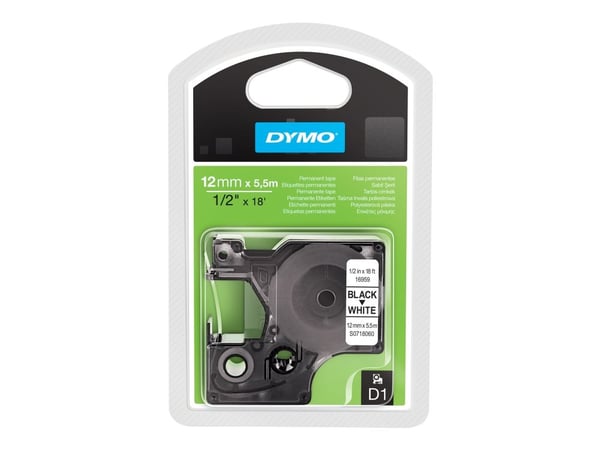 DYMO D1 - Polyester - permanet adhesiv - svart på hvitt - Rull (1,2 cm x 5,5 m) 1 kassett(er) merketape - for LabelMANAGER 160, 210D, 210D Kit, 210...