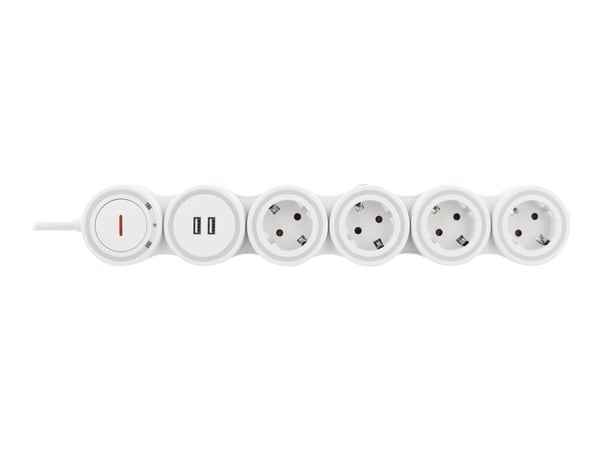 DELTACO GT-290 - Effektband - 3500 Watt - ingång: power CEE 7/7 - utgångskontakter: 4 (4 x CEE 7/4, 2 x USB) - 1.4 m sladd - vit