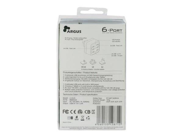 Inter-Tech Argus LS-6US USB, Sisätila, AC, 5 V, 6,8 A, Musta