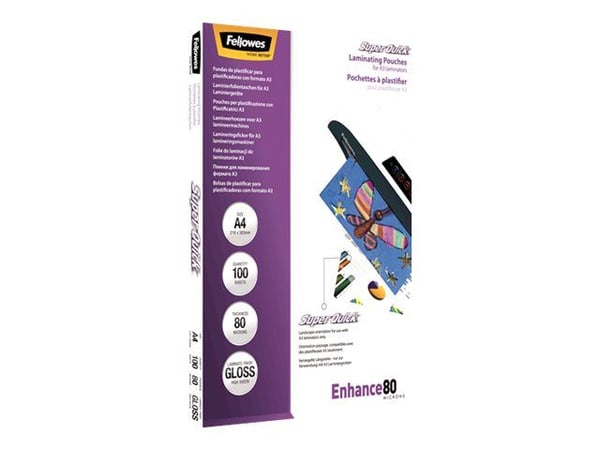 Fellowes Laminating Pouches SuperQuick Enhance 80 micron - 80 mikroner - 100-pack - glanset - gjennomsiktig - A4 (210 x 297 mm) lamineringspunger