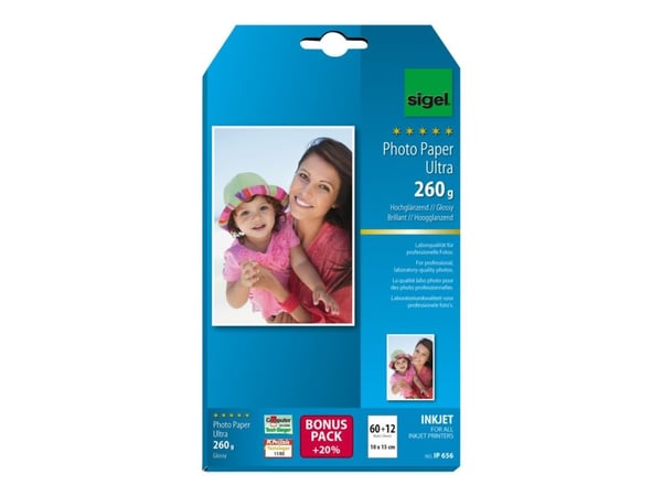 Sigel InkJet Ultra Photo Paper IP656 - Blank - briljant hvit - 10 x 15 mm - 260 g/m² - 72 ark fotopapir