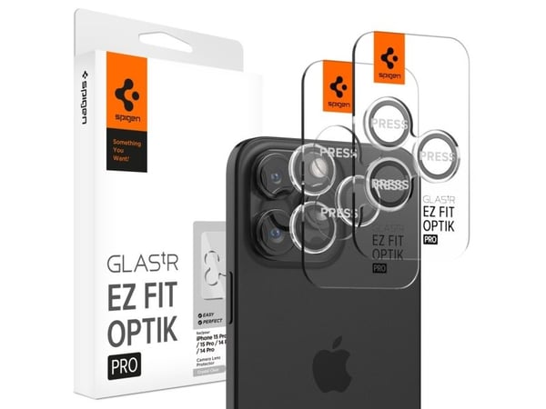 Spigen GLAS.tR EZ Fit Optik Pro, Apple, iPhone 15 Pro / 15 Pro Max / 14 Pro / 14 Pro Max, Naarmuuntumisenkestävä, Läpinäkyvä, 2 kpl
