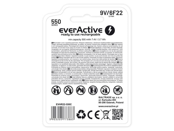 Oppladbart batteri everActive 6F22/9V Li-Ion 550 mAh med USB TYPE C (EVHR22-550C)
