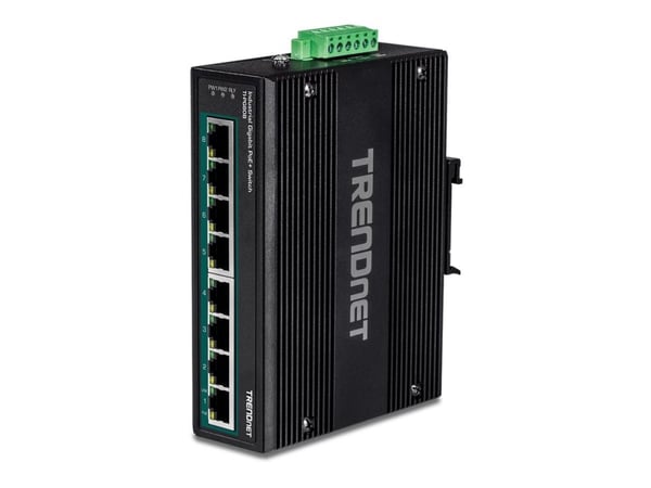 TRENDnet TI-PG80B - Switch - ikke-styrt - 8 x 10/100/1000 (PoE+) - DIN-skinnemonterbar, veggmonterbar - PoE+ (200 W) - DC-strøm - TAA-samsvar