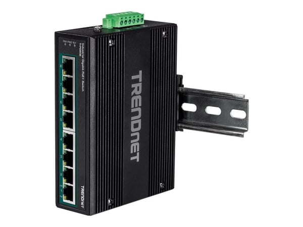 TRENDnet TI-PG80B - Switch - ikke-styrt - 8 x 10/100/1000 (PoE+) - DIN-skinnemonterbar, veggmonterbar - PoE+ (200 W) - DC-strøm - TAA-samsvar