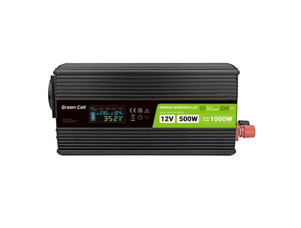 Green Cell PowerInverter LCD spenningsomformer 12 V 500W/1000W Bilomformer med display - ren sinus