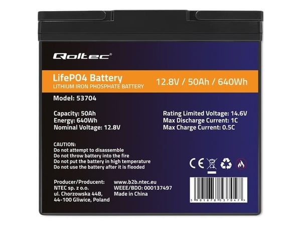 Qoltec - Batteri - 12.8V, BMS - litium-jernfosfat - 50 Ah - 640 Wh