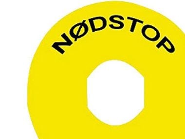 Skilt Ø60 gul med dansk "nødstop"