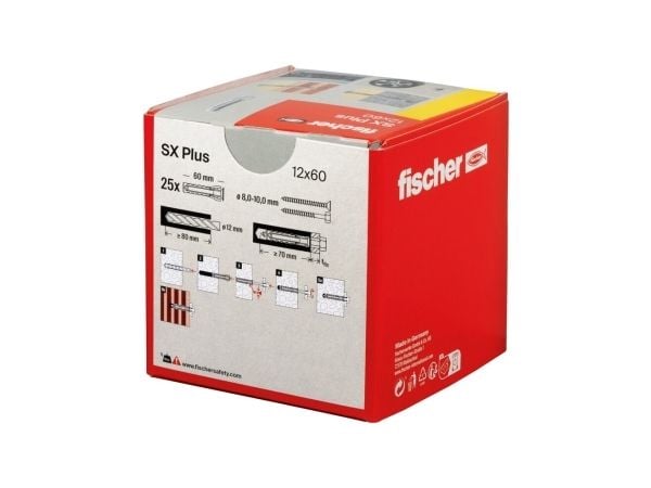 Fischer 70012, Veggplugg, Murstein, Betong, 60 mm, 1,2 cm, 8 cm, 8 mm