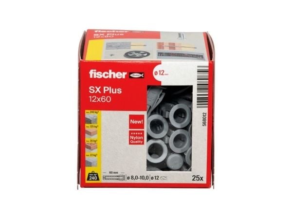 Fischer 70012, Veggplugg, Murstein, Betong, 60 mm, 1,2 cm, 8 cm, 8 mm