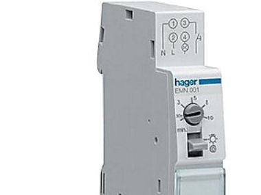HAGER Automatisk trappkontroll, 1NO 16A, 250VAC, spolspänning 230VAC 50/60Hz, inställning 30sec-10min, din-skena, 18mm bred, 3- eller 4-trådig