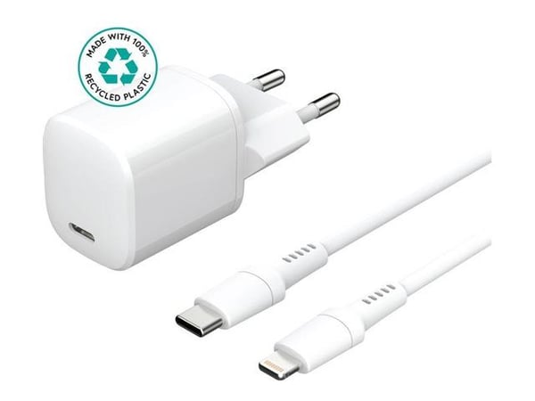 eSTUFF INFINITE - Strømadapter - EU plug, USB-C to ligtning cable, 1.5 m - 20 watt - 3 A - PD, Apple Fast Charge, QC 3.0 (24 pin USB-C) - hvit