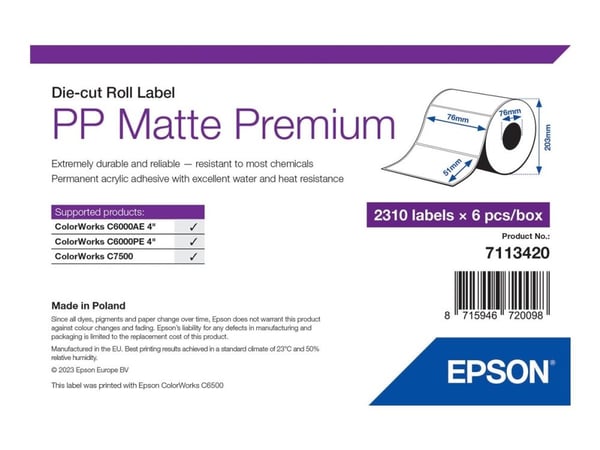 Epson Premium - Polypropylen (PP) - matt - permanent akryl-adhesiv - 76 x 51 mm 13860 etikett(er) (6 rull(er) x 2310 boks - stanseskårne etiketter