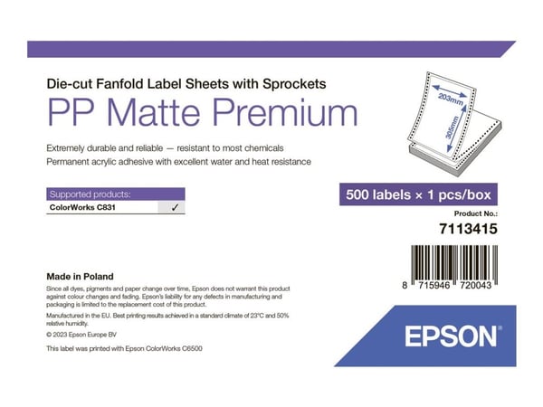 Epson Premium - Polypropylen (PP) - matt - permanent akryl-adhesiv - 203 x 305 mm 500 etikett(er) støpekuttet siksakfalsete etiketter med hull