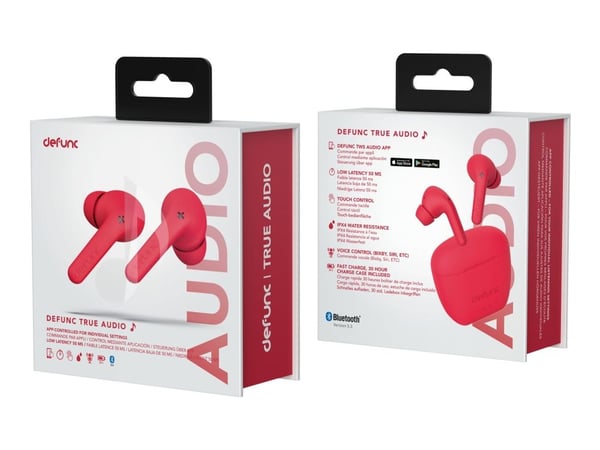 DeFunc TRUE AUDIO - True wireless-hodetelefoner med mikrofon - i øret - Bluetooth - rød