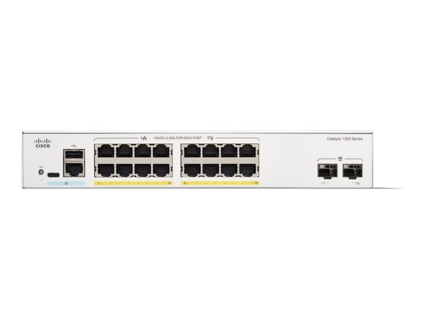 Cisco Catalyst 1300-16P-2G - Switch - L3 - Styrt - 16 x 10/100/1000 (PoE+) + 2 x Gigabit SFP - rackmonterbar - PoE+ (120 W)