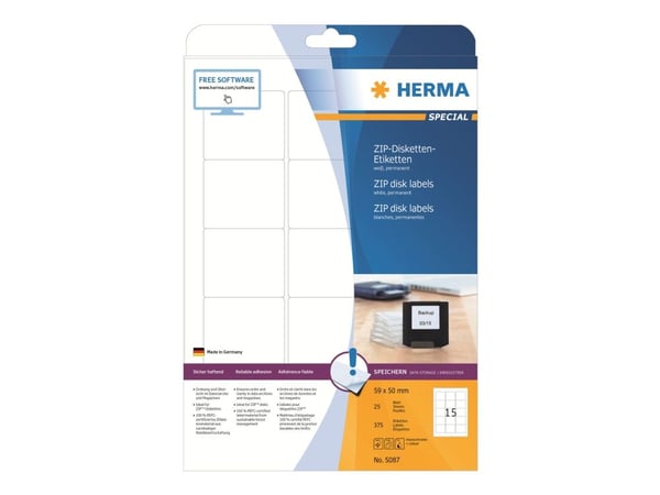 HERMA Special - Papper - matt - permanent självhäftande - vit - 59 x 50 mm 375 etikett (er) (25 ark x 15) diskettetiketter