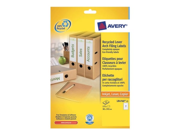 Avery Zweckform LR4760 - Hvit - 38 x 192 mm 175 etikett(er) (25 ark x 7 filmappeetiketter