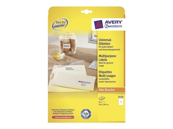 Avery Zweckform 6119 - Hvit - A4 (210 x 297 mm) 25 etikett(er) (25 ark x 1) etiketter