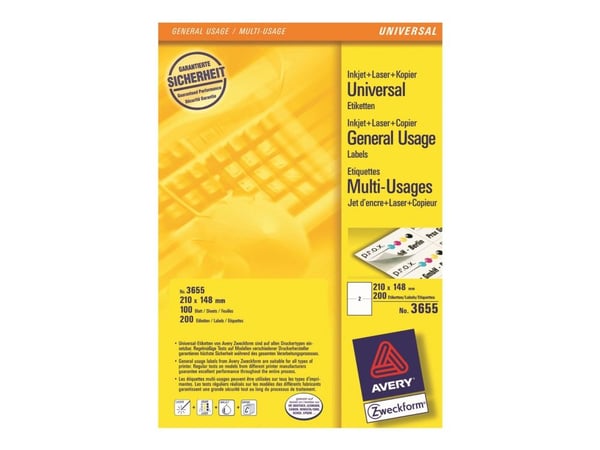 Avery - Hvit - 210 x 148 mm 200 etikett(er) (100 ark x 2) flerbruks merkelapper