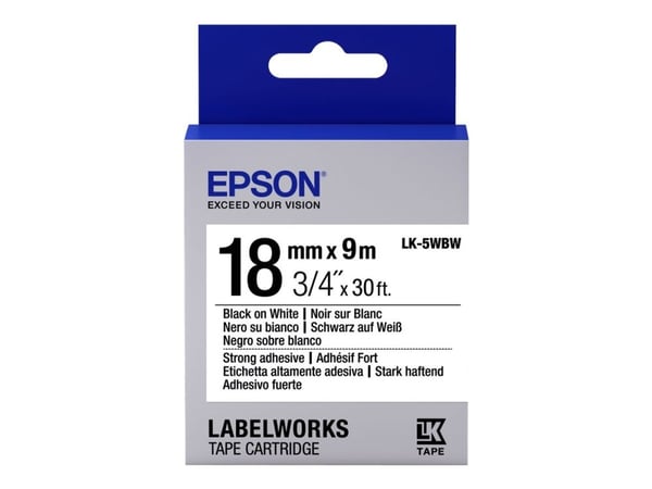 Epson LabelWorks LK-5WBW - Sterkt selvklebende - svart på hvitt - Rull (1,8 cm x 9 m) 1 kassett(er) etiketteringstape - for LabelWorks LW-1000, 400...