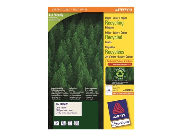 Avery QuickPEEL resirkulerte etiketter LR3655 - A5 (148 x 210 mm) 200 etikett(er) (100 ark x 2 resirkulerte etiketter
