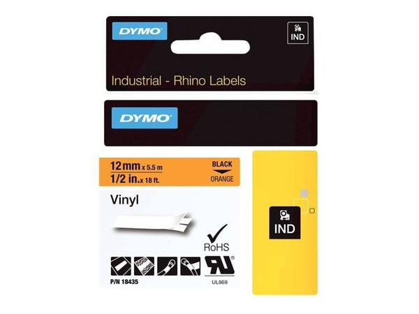 DYMO - Selv-adhesiv - sort på oransje - Rull (1,2 cm x 5,5 m) 1 rull(er) vinyl - for Rhino 4200, 6000, 6000 Hard Case Kit; RhinoPRO 1000, 3000, 5000