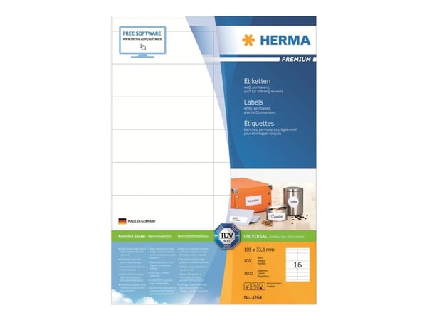 HERMA 4264, Valkoinen, Itse kiinnittyvä tulostintarra, A4, Paperi, Laser/Inkjet, Kiinteä