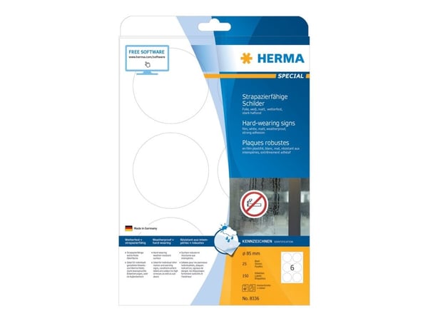 HERMA 8336, Valkoinen, Itse kiinnittyvä tulostintarra, A4, Polyesteri, Laser, Kiinteä