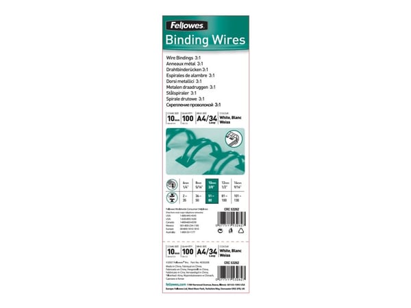 Fellowes 53258, Valkoinen, 60 arkkia, Metalli, A4, 16 mm, 9 mm