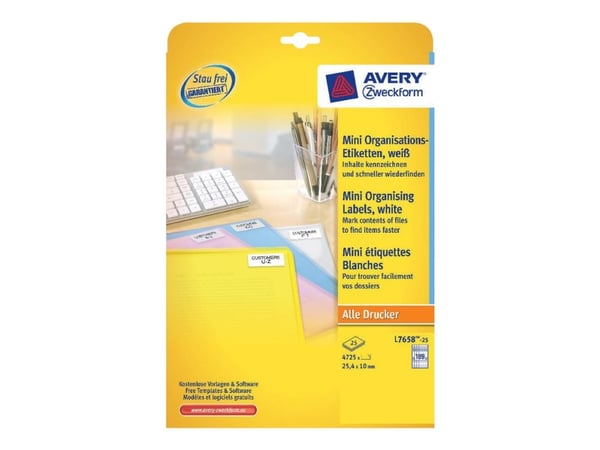 Avery L7658-25, Valkoinen, Itse kiinnittyvä tulostintarra, A4, Paperi, Laser/Inkjet, Kiinteä