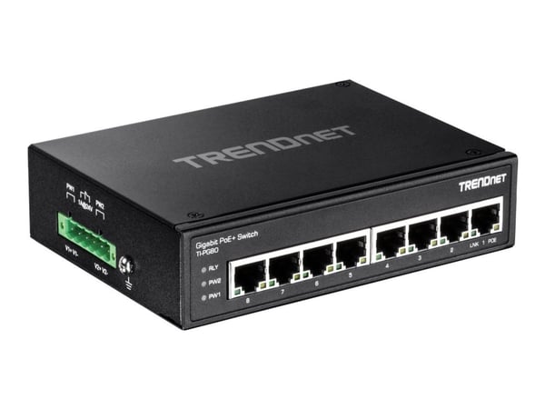 TRENDnet TI-PG80 - Switch - ikke-styrt - 8 x 100/1000/10000 - DIN-skinnemonterbar, veggmonterbar - PoE+ (200 W) - DC-strøm - TAA-samsvar