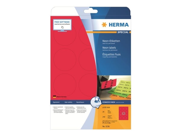 HERMA Special - Papir - matt - permanent selv-adhesiv - lysende rød - 60 mm rund 240 etikett(er) (20 ark x 12) fluorescerende etiketter