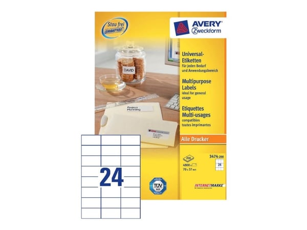 Avery Zweckform Universal - Hvit - 37 x 70 mm 4800 etikett(er) (200 ark x 24) etiketter
