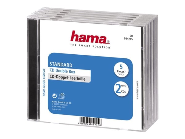 Hama CD Double Jewel Case Standard, Pack 5, 2 levyt, Läpinäkyvä, 140 mm, 128 mm, 52 mm, 280 g