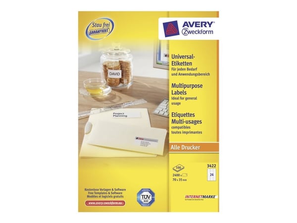 Avery - Hvit - 70 x 35 mm 2400 etikett(er) (100 ark x 24) flerbruks merkelapper