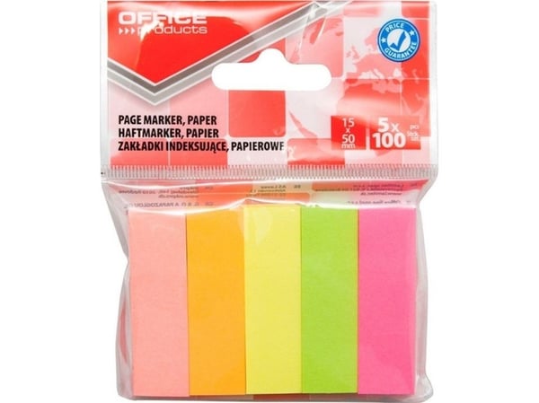 Office Products indexflikar, självhäftande, 15x50 mm, 5x100 ark (mixade färger)