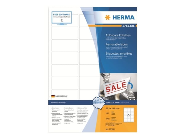 HERMA Special - Papir - matt - fjernbart selv-adhesiv - hvit - 63.5 x 29.6 mm 2700 etikett(er) (100 ark x 27) merkelapper