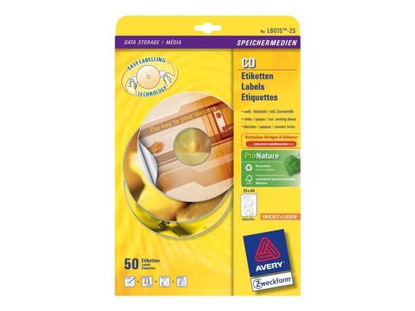 Avery CD/DVD-etiketter - Hvit - 117 mm rund 50 etikett(er) (25 ark x 2) CD/DVD-etiketter