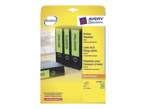 Avery L4768 - Grønn - 61 x 192 mm 80 stk (20 ark x 4) filmappeetiketter