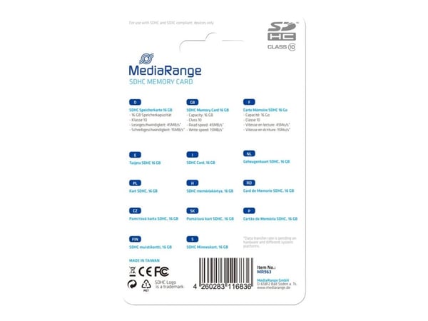 MediaRange - Flash-minnekort - 16 GB - Klasse 10 - SDHC - blå