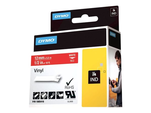 DYMO Rhino - Vinyl - permanet adhesiv - hvitt på rødt - Rull (1,2 cm x 5,5 m) 1 kassett(er) tape - for Rhino 4200, 5000, 5200, 6000; RhinoPRO 3000