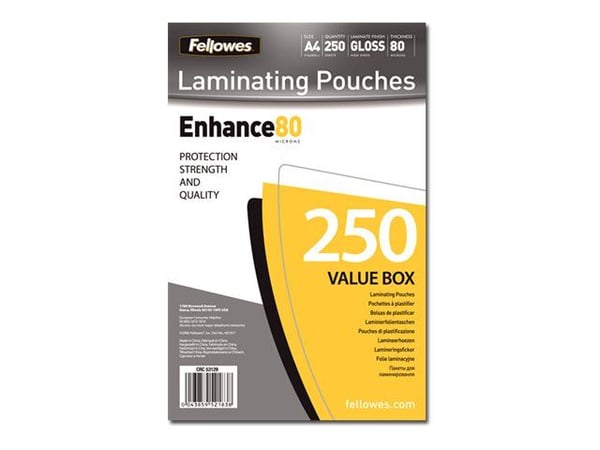 Fellowes laminointipusseja - 80 mikronia - 250-pakki - tyhjä - 216 x 303 mm laminointiposereita