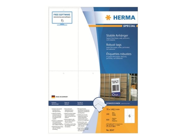 HERMA Special - Ikke-adhesiv - perforert - hvit - 70 x 148.5 mm 600 etikett(er) (100 ark x 6) merkelapper