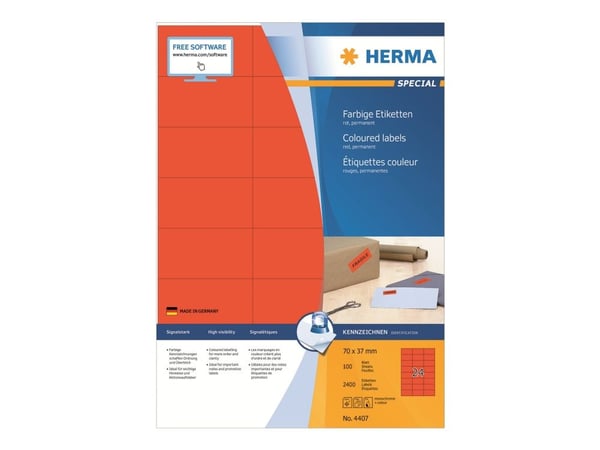 HERMA Special - Papir - matt - permanent selv-adhesiv - rød - 70 x 37 mm 2400 etikett(er) (100 ark x 24) merkelapper