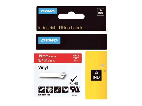 DYMO Rhino Coloured Vinyl - Vinyl - permanet adhesiv - hvitt på rødt - Roll (1.9 cm x 5.5 m) 1 kassett(er) tape - for DYMO ILP219; Rhino 1000, 4200...