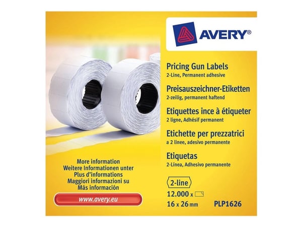 Etikett avery, for prislapppistol, 2 linjer, 26 x 16 mm, hvit, 10 ruller