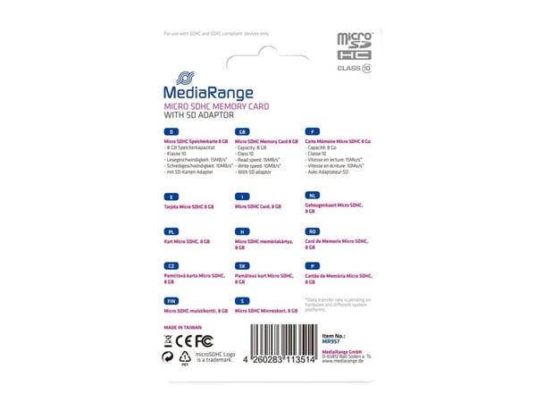MediaRange - Flashminnekort (microSDHC til SD-adapter inkludert) - 8 GB - Class 10 - microSDHC - svart